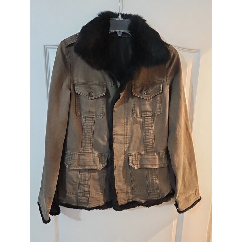 Y2K S Miss Me Olive Army Jacket, Real Rabbit Fur Lined & FleurDeLis Studded Back